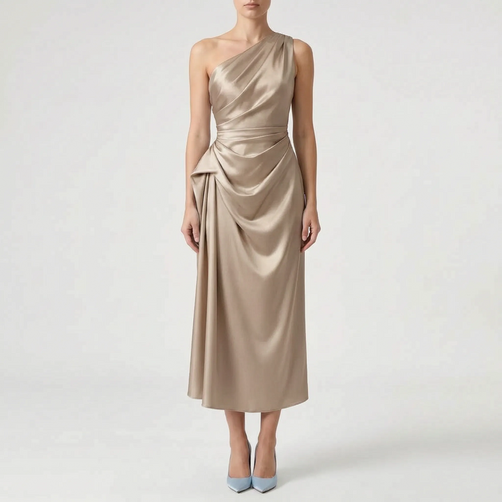 Asymmetric One-Shoulder Satin Evening Midi Dress - Formal Occasion