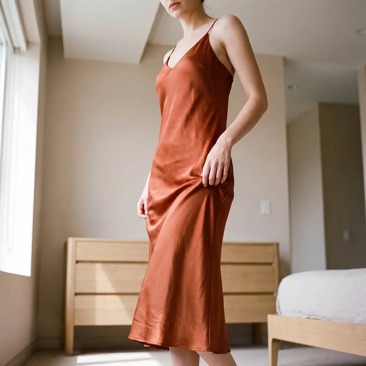 Luminous V-Neck Slip Maxi Dress - Elegant Ankle-Length Evening Wear