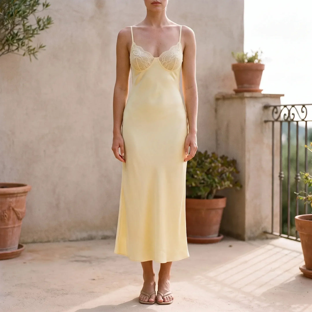 Summer Evening V-Neck Slip Dress with Textured Lace Trim