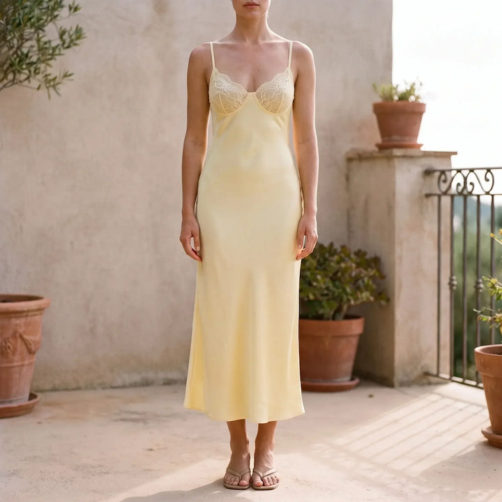 Summer Evening V-Neck Slip Dress with Textured Lace Trim