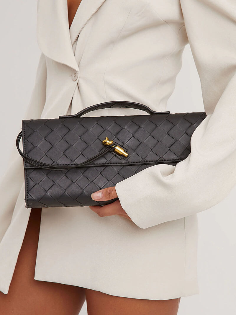 Reva – Woven Leather Clutch Bag, Top Handle Evening Purse