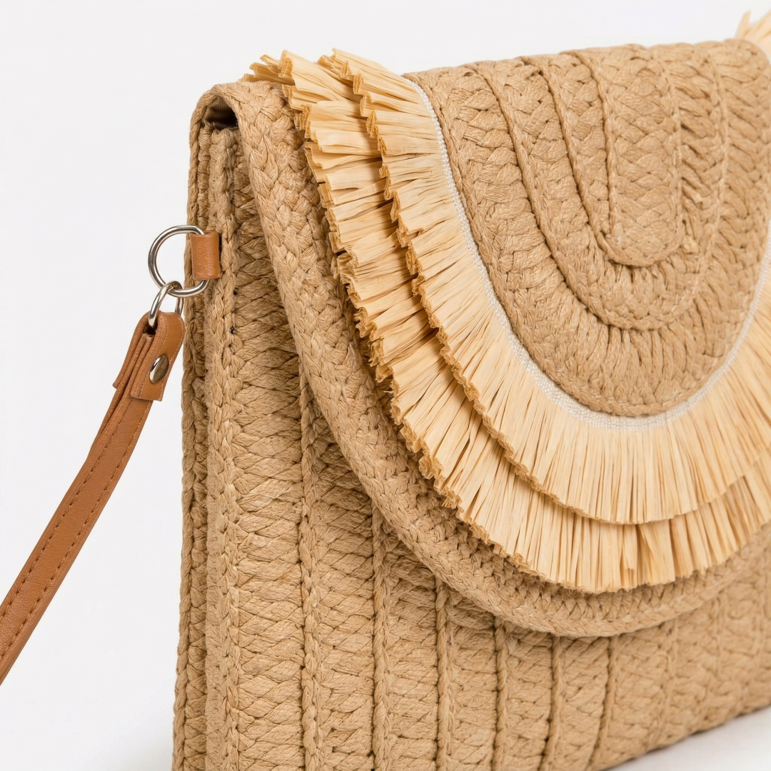 Solana – Raffia Fringe Flap Straw Handbag for Women