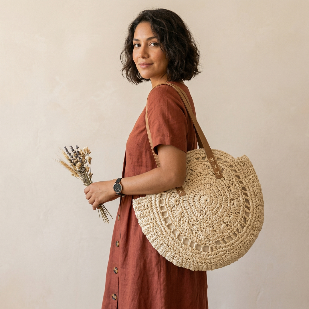 Soleil – Round Woven Straw Shoulder Bag for Beach & Travel
