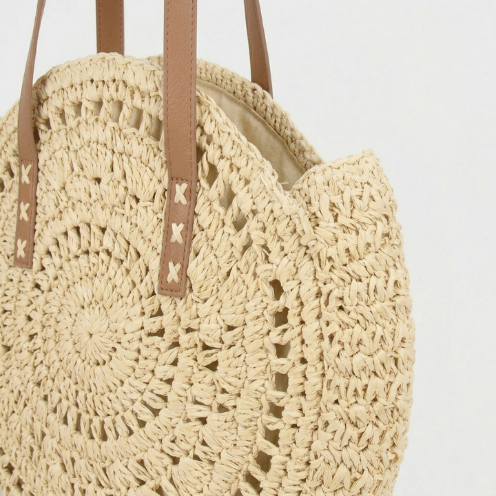 Soleil – Round Woven Straw Shoulder Bag for Beach & Travel