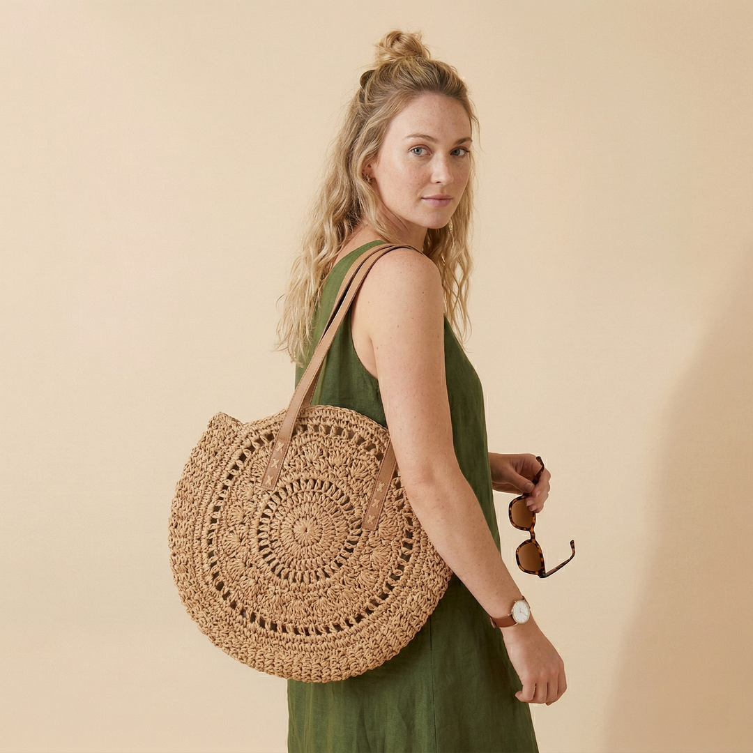 Soleil – Round Woven Straw Shoulder Bag for Beach & Travel