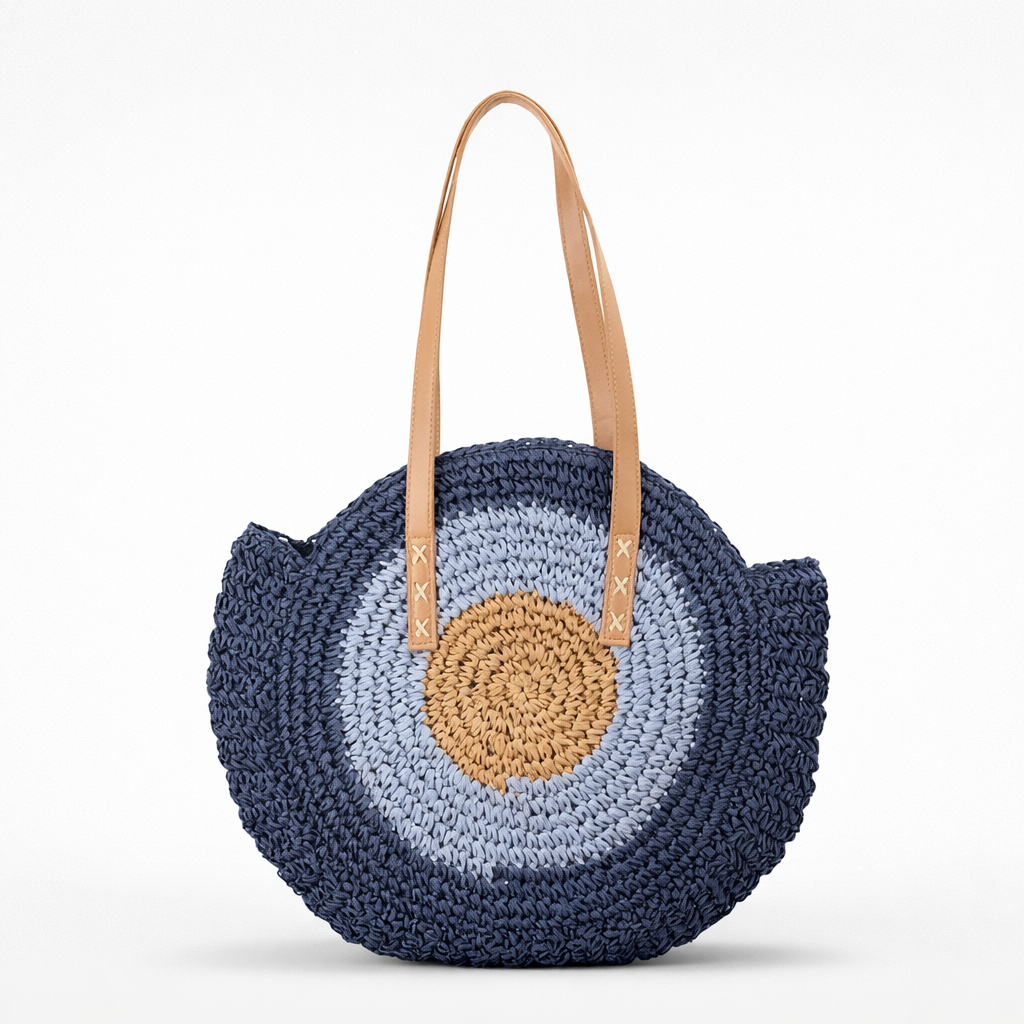 Soleil – Round Woven Straw Shoulder Bag for Beach & Travel