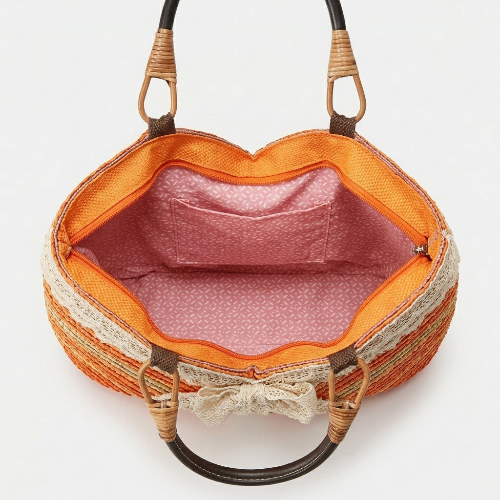 Soleil – Striped Straw Handbag with Lace Bow and Rattan Handles