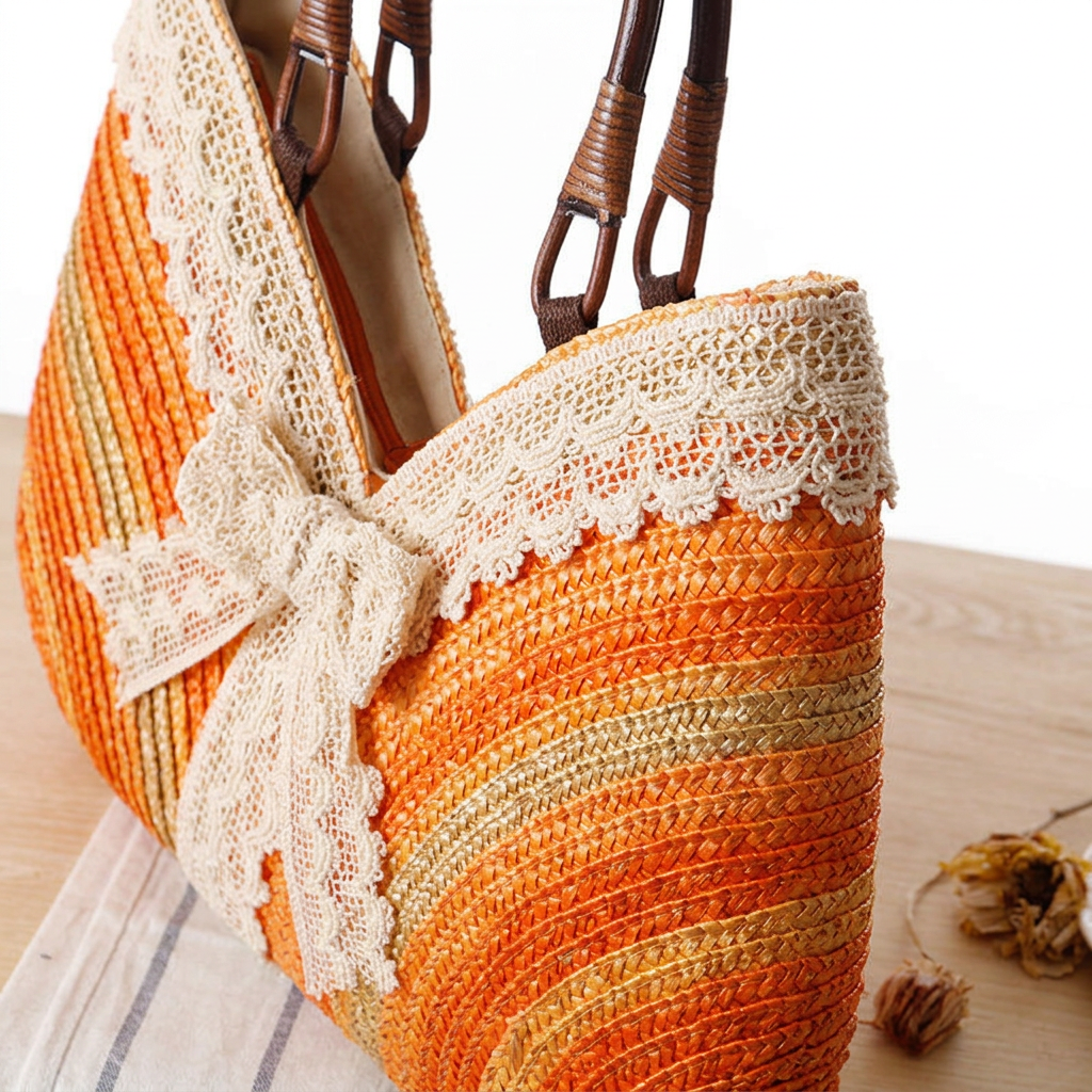 Soleil – Striped Straw Handbag with Lace Bow and Rattan Handles