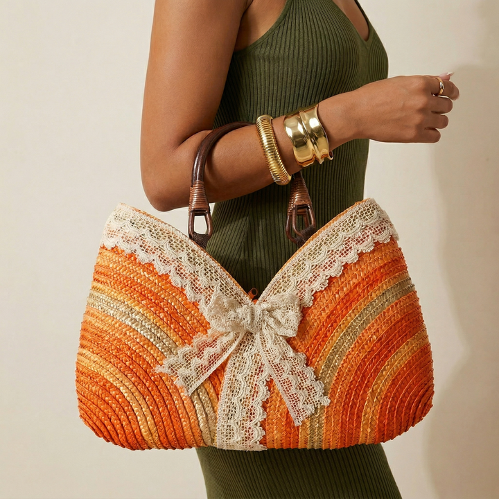 Soleil – Striped Straw Handbag with Lace Bow and Rattan Handles
