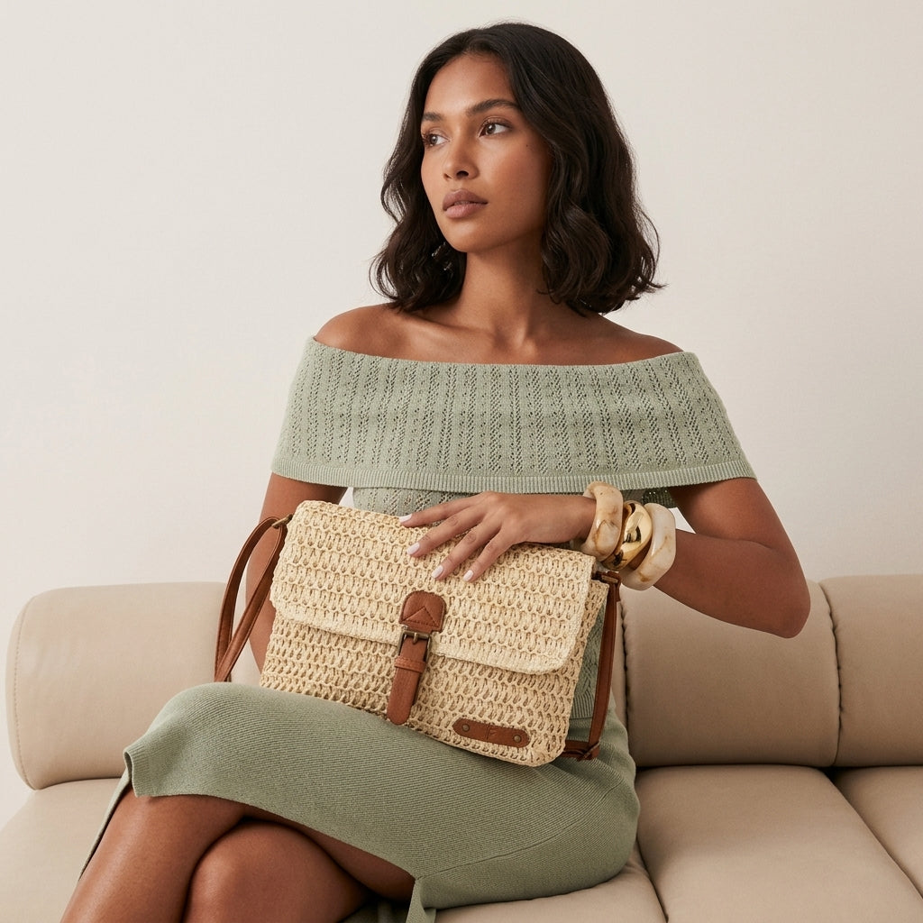 Soleil – Women's Straw Crossbody Bag with Flap