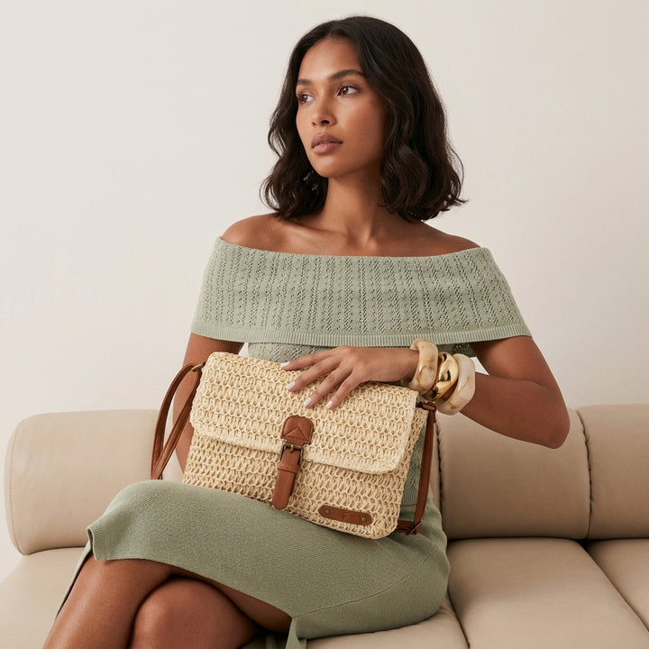 Soleil – Women's Straw Crossbody Bag with Flap