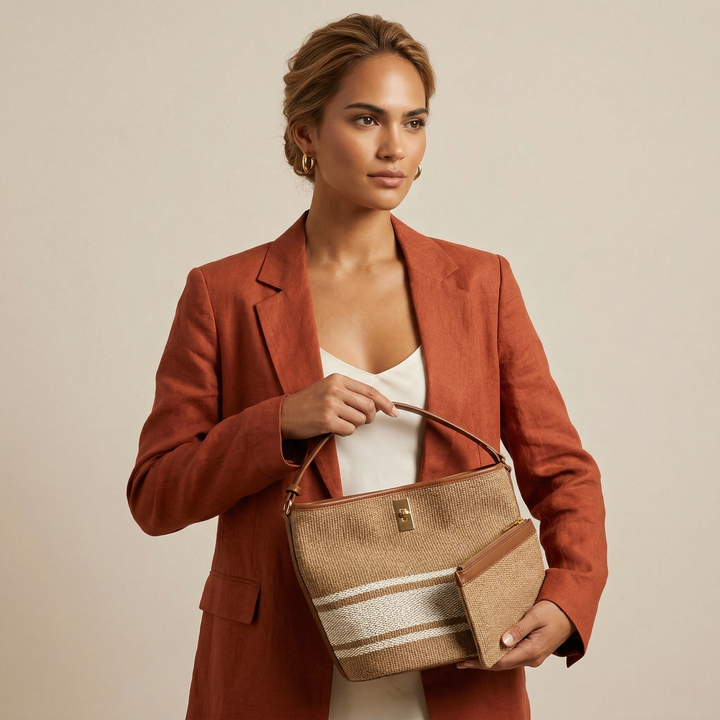 Soleil – Woven Bucket Bag with Pouch, Shoulder Crossbody Bag