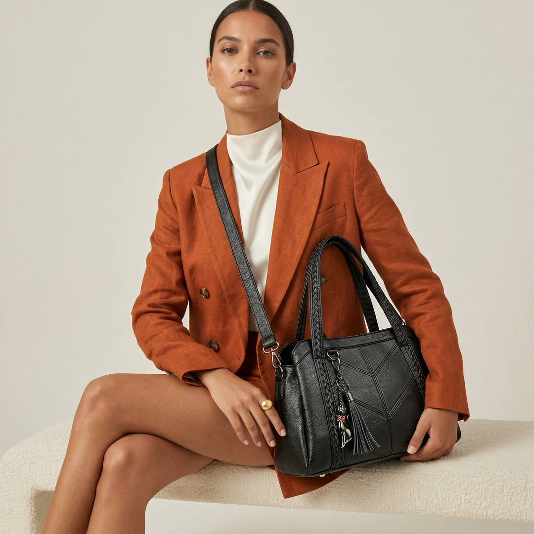 Solène – Vegan Cowhide Satchel Bag, Braided Strap Bag