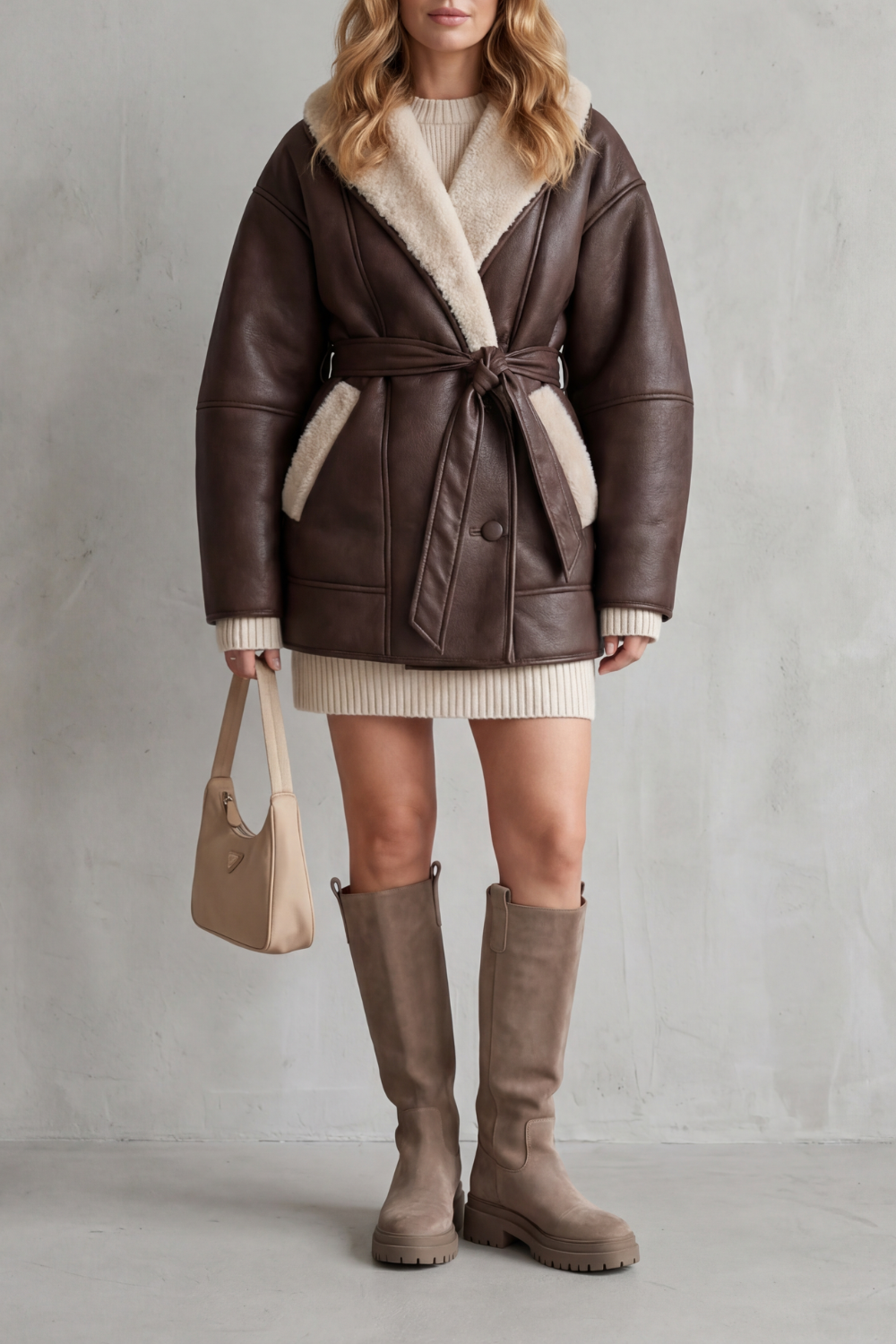 Women's Belted Faux Leather Coat with Fleece Contrast Collar