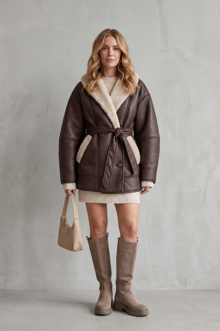 Women's Belted Faux Leather Coat with Fleece Contrast Collar