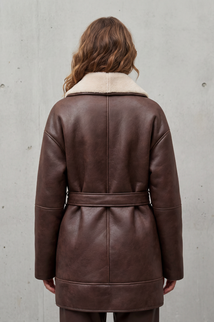 Women's Belted Faux Leather Coat with Fleece Contrast Collar