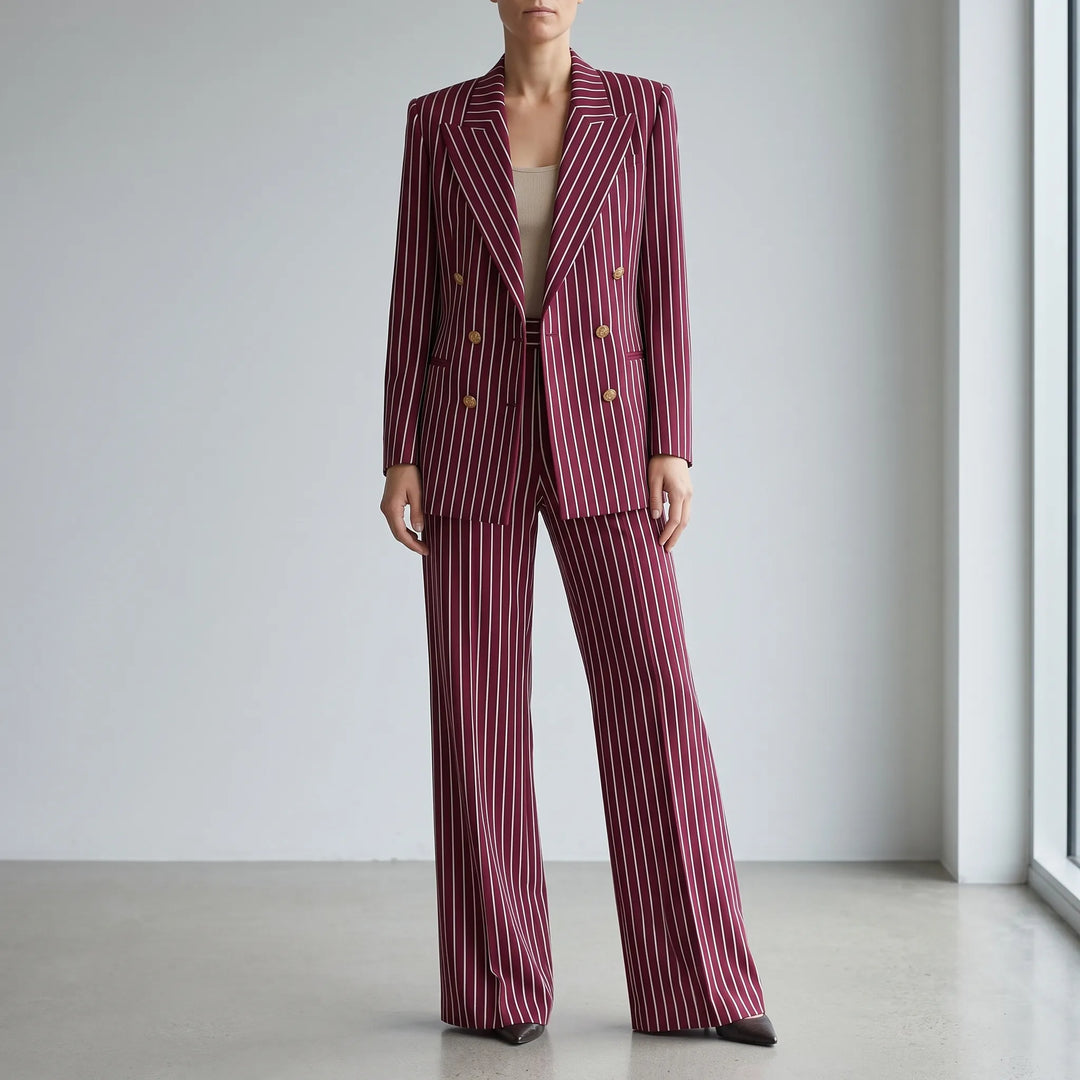 Striped Double-Breasted Wide-Leg Pant Suit for Women