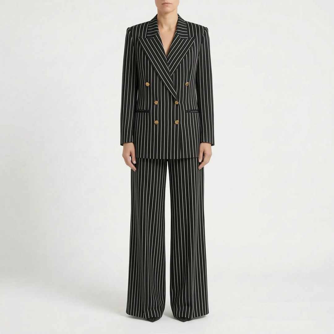Striped Double-Breasted Wide-Leg Pant Suit for Women