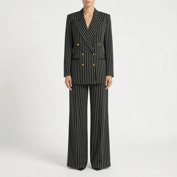 Striped Double-Breasted Wide-Leg Pant Suit for Women