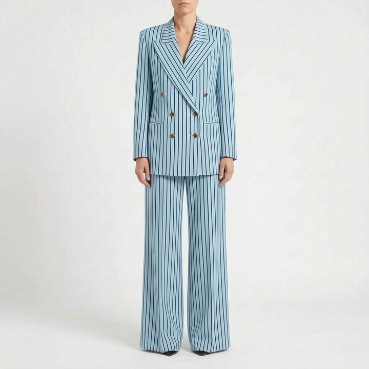 Striped Double-Breasted Wide-Leg Pant Suit for Women