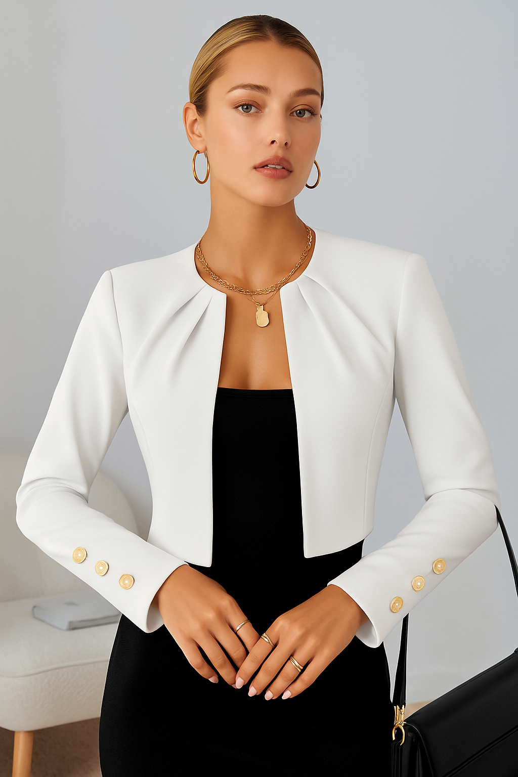 Structured Cropped Blazer with Decorative Sleeve Buttons - Modern Tailored Fit