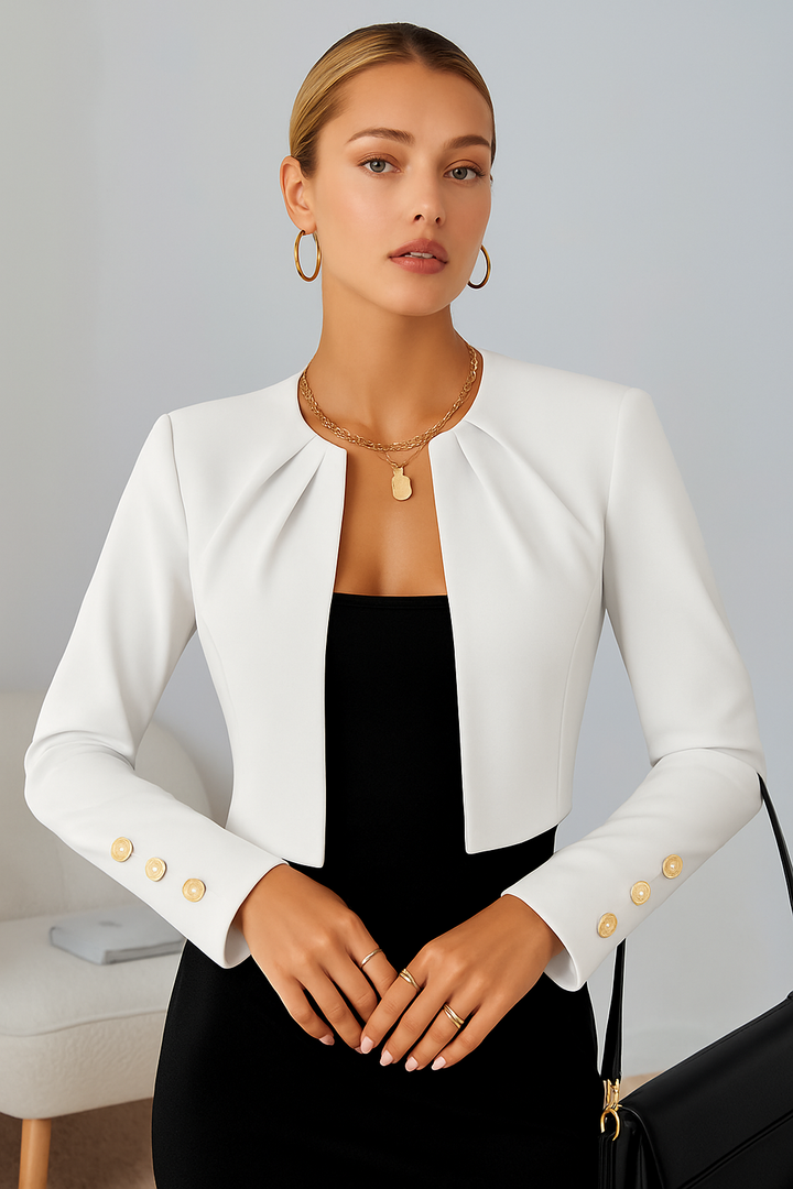 Structured Cropped Blazer with Decorative Sleeve Buttons - Modern Tailored Fit