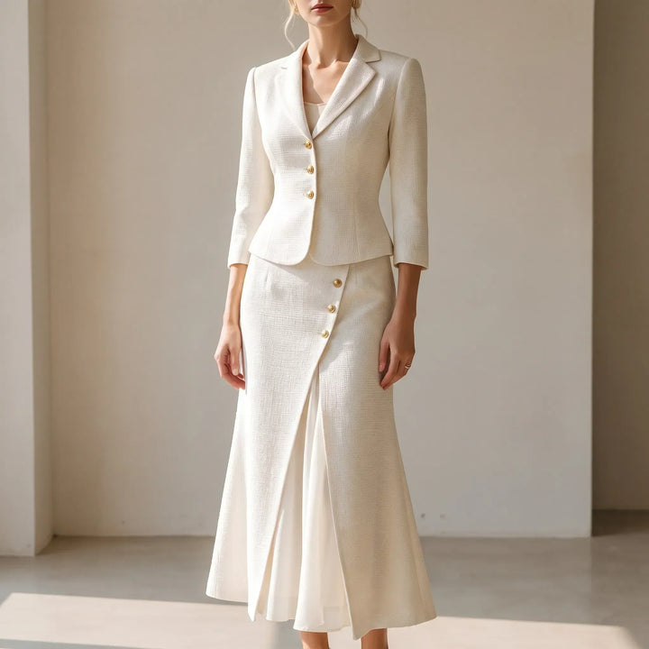 Professional White Tailored Blazer and Skirt Set - Structured Formal Wear