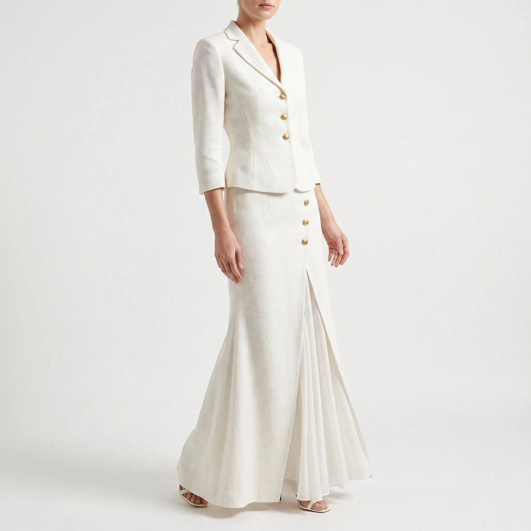 Professional White Tailored Blazer and Skirt Set - Structured Formal Wear