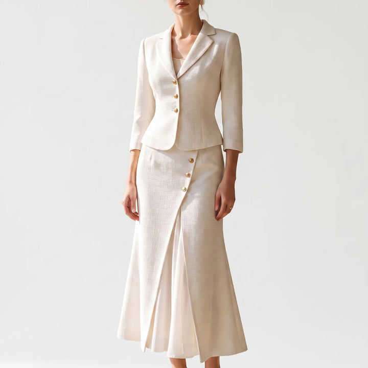Professional White Tailored Blazer and Skirt Set - Structured Formal Wear