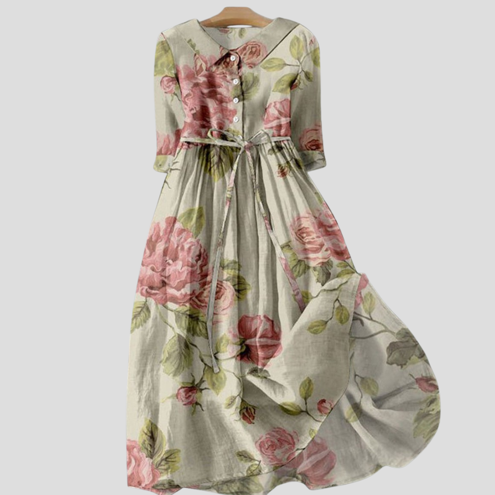 Women's Botanical Lapel Button-Front Dress with Long Sleeves
