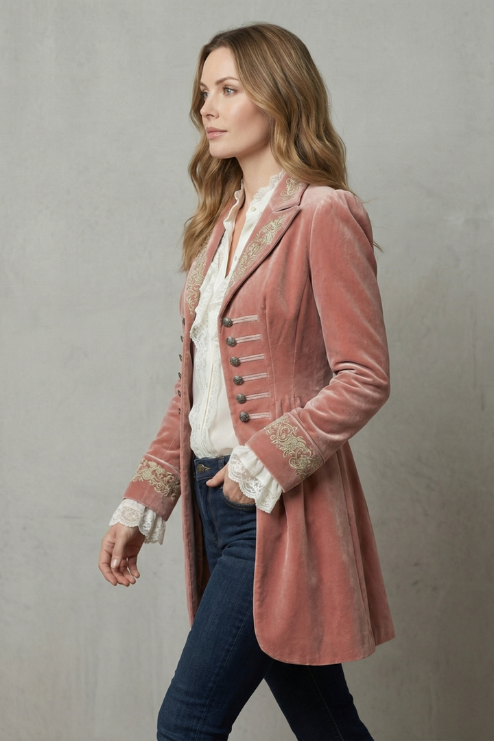 Heritage Embroidered Wool Coat – Vintage-Inspired Long Jacket for Women