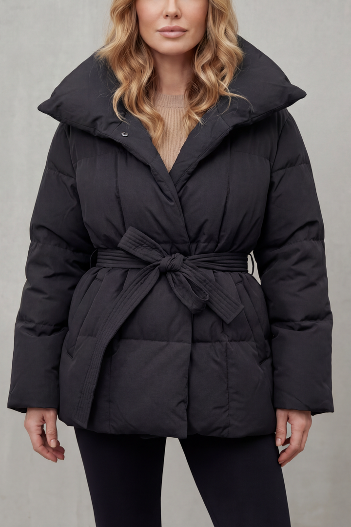 Women's Oversized Collar Belted Puffer Coat – Warm Winter Essential