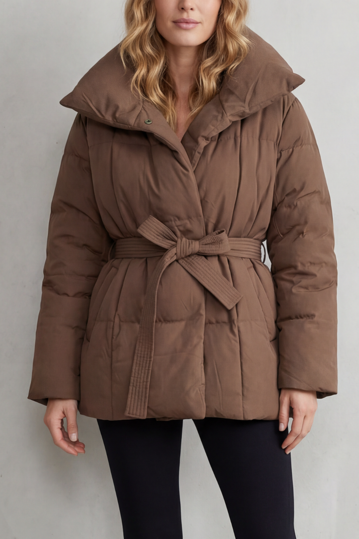 Women's Oversized Collar Belted Puffer Coat – Warm Winter Essential