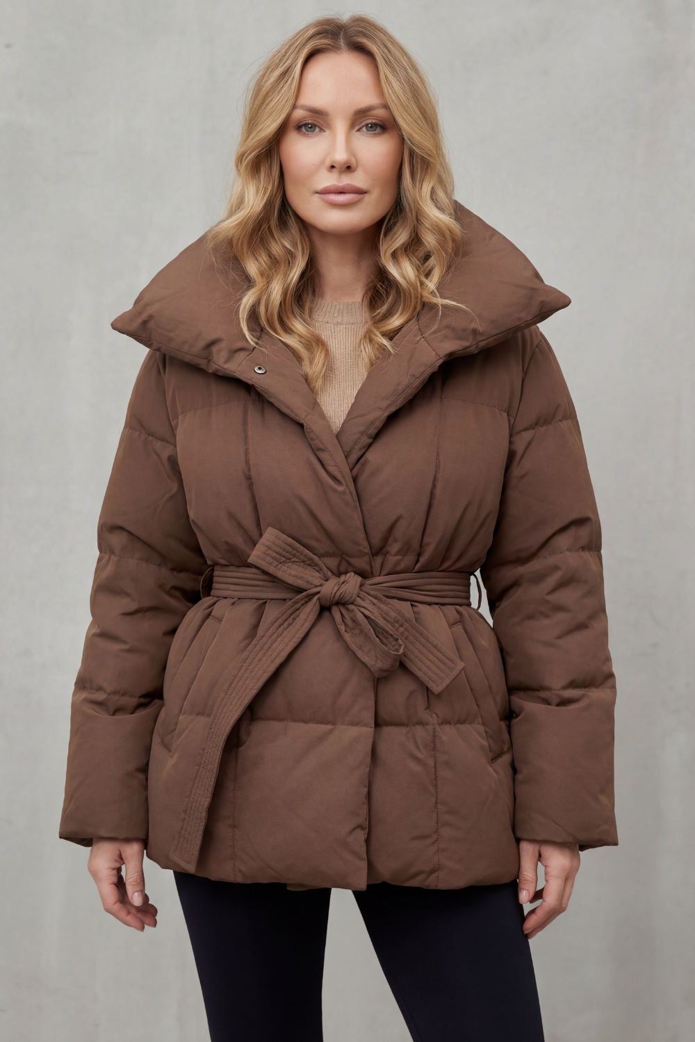 Women's Oversized Collar Belted Puffer Coat – Warm Winter Essential