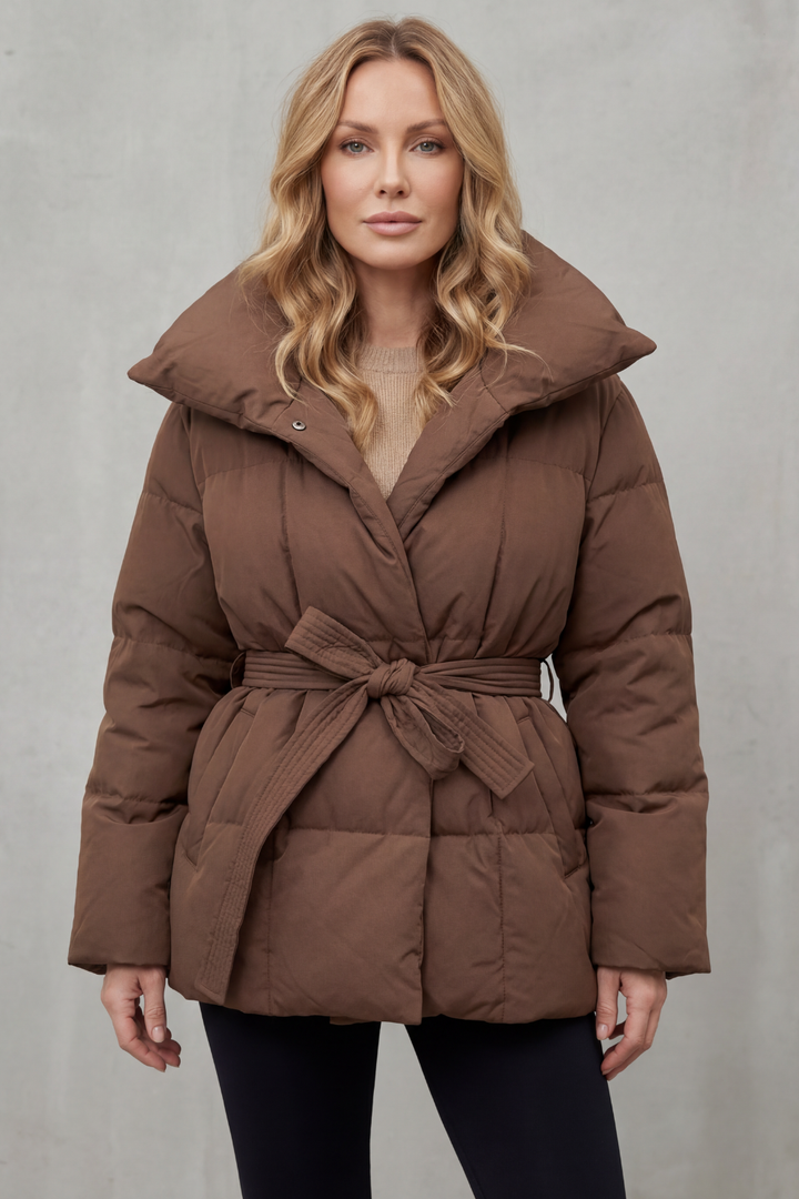 Women's Oversized Collar Belted Puffer Coat – Warm Winter Essential