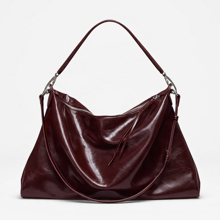 Vela – Large Glossy Vegan Cowhide Hobo Bag, Slouchy Shoulder Bag