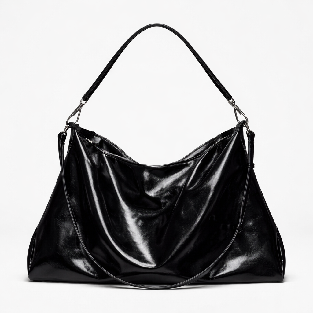 Vela – Large Glossy Vegan Cowhide Hobo Bag, Slouchy Shoulder Bag