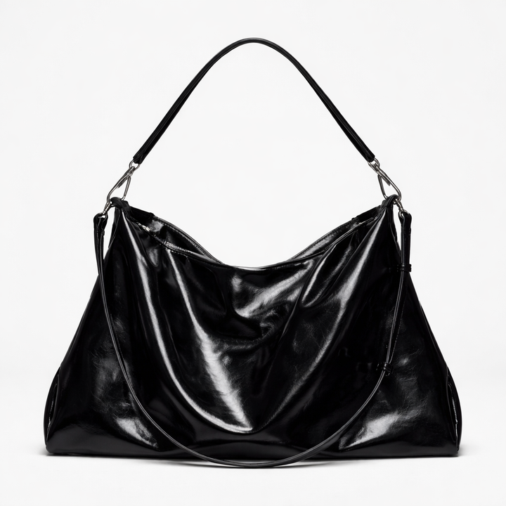 Vela – Large Glossy Vegan Cowhide Hobo Bag, Slouchy Shoulder Bag