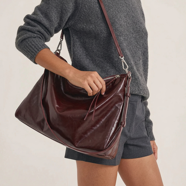 Vela – Large Glossy Vegan Cowhide Hobo Bag, Slouchy Shoulder Bag