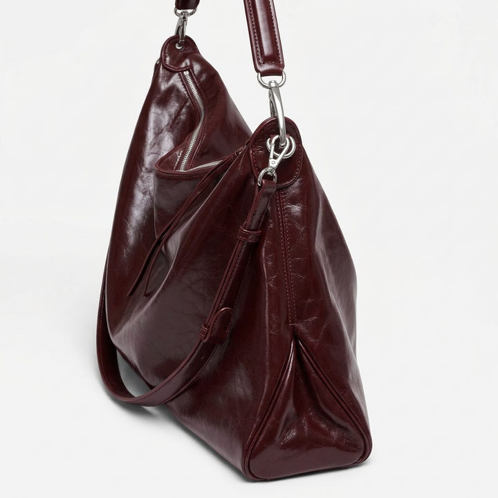 Vela – Large Glossy Vegan Cowhide Hobo Bag, Slouchy Shoulder Bag
