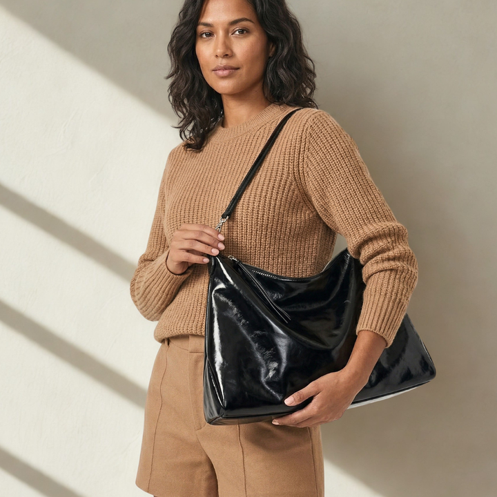 Vela – Large Glossy Vegan Cowhide Hobo Bag, Slouchy Shoulder Bag