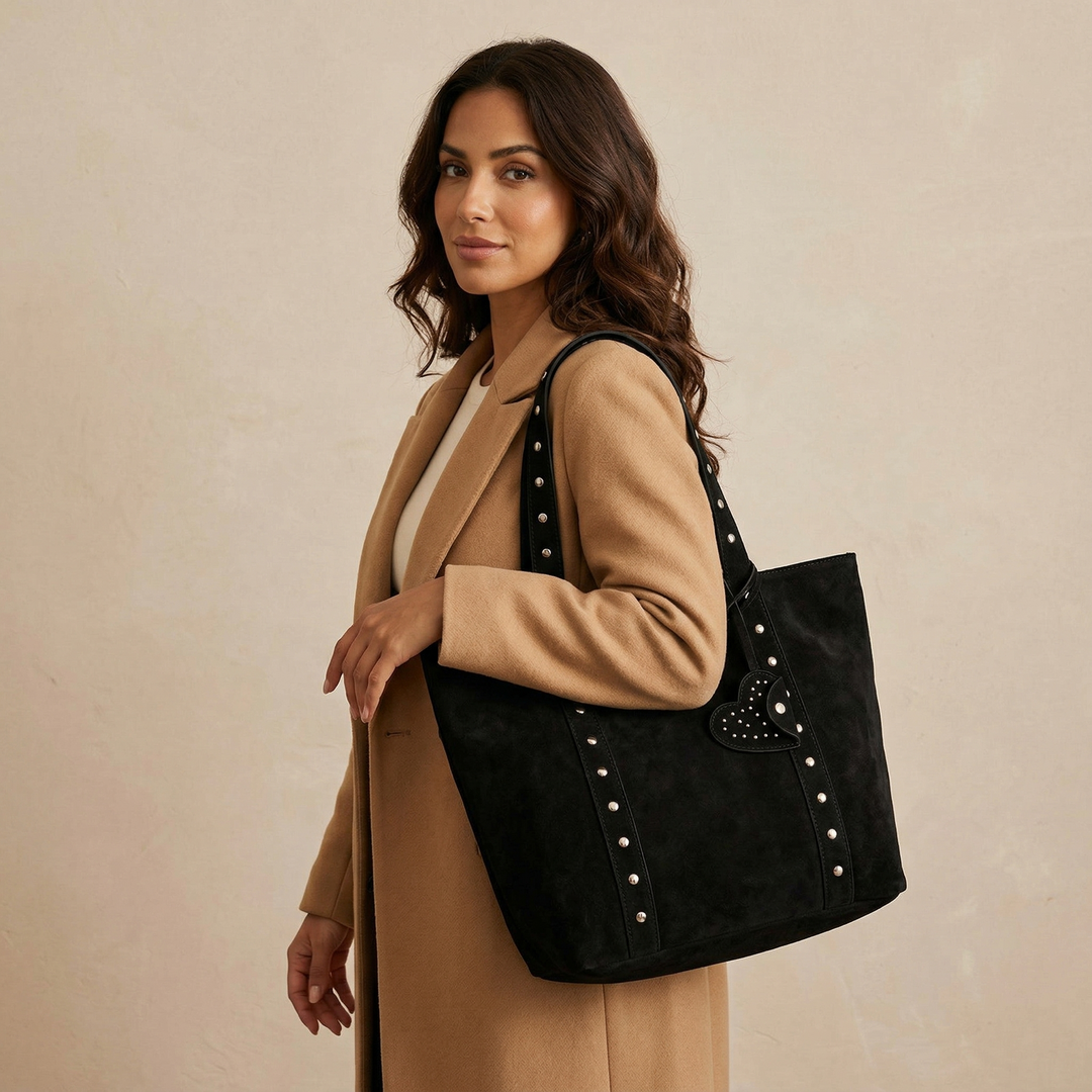 Vera – Large Suede Shoulder Tote Bag with Rivet Detail