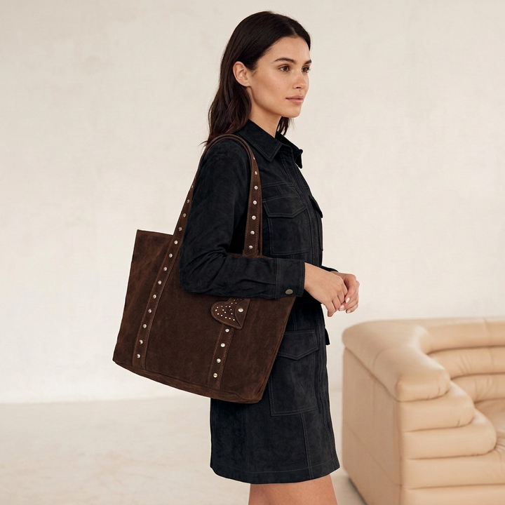 Vera – Large Suede Shoulder Tote Bag with Rivet Detail