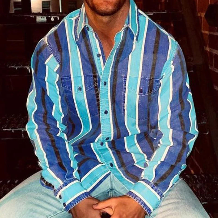 Retro Vertical Stripe Long-Sleeve Button-Up Shirt