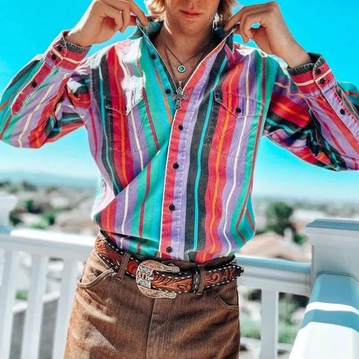 Retro Vertical Stripe Long-Sleeve Button-Up Shirt
