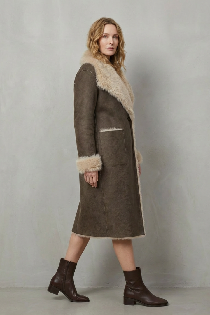 Women's Reversible Faux Shearling Coat with Textured Design