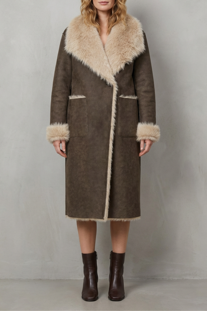 Women's Reversible Faux Shearling Coat with Textured Design