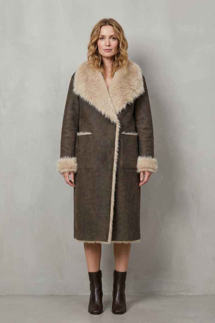 Women's Reversible Faux Shearling Coat with Textured Design