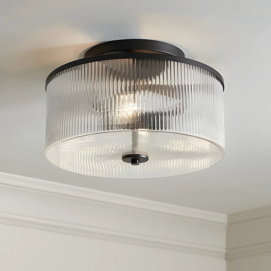 Vireo Farmhouse Drum-Shaped Ribbed Glass Ceiling Light