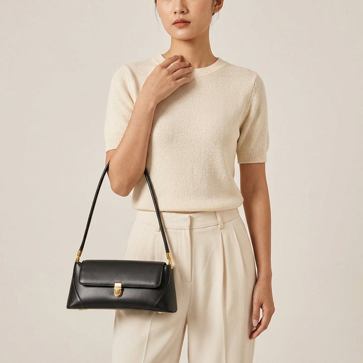 Vivette – Structured Vegan Cowhide Shoulder Bag, Gold Clasp